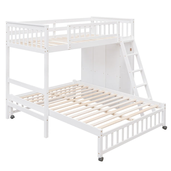 HomeRoots White Twin Over Full Bunk Bed – Solid Wood with Storage Drawers for Kids’ Rooms & Guest Spaces 606657