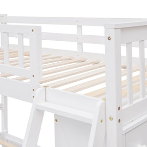 HomeRoots White Twin Over Full Bunk Bed – Solid Wood with Storage Drawers for Kids’ Rooms & Guest Spaces 606657