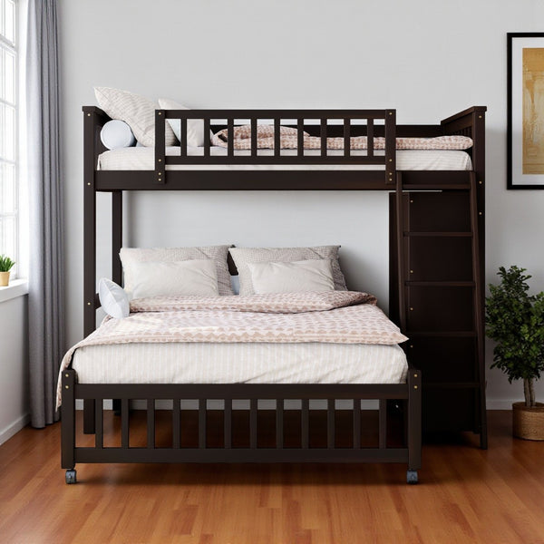 HomeRoots Espresso Twin-Over-Full Solid Wood Bunk Bed with Safety Guardrails and Integrated Storage Solutions 606658
