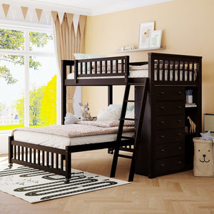 HomeRoots Espresso Twin-Over-Full Solid Wood Bunk Bed with Safety Guardrails and Integrated Storage Solutions 606658