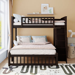 HomeRoots Espresso Twin-Over-Full Solid Wood Bunk Bed with Safety Guardrails and Integrated Storage Solutions 606658