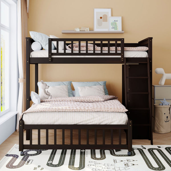 HomeRoots Espresso Twin-Over-Full Solid Wood Bunk Bed with Safety Guardrails and Integrated Storage Solutions 606658