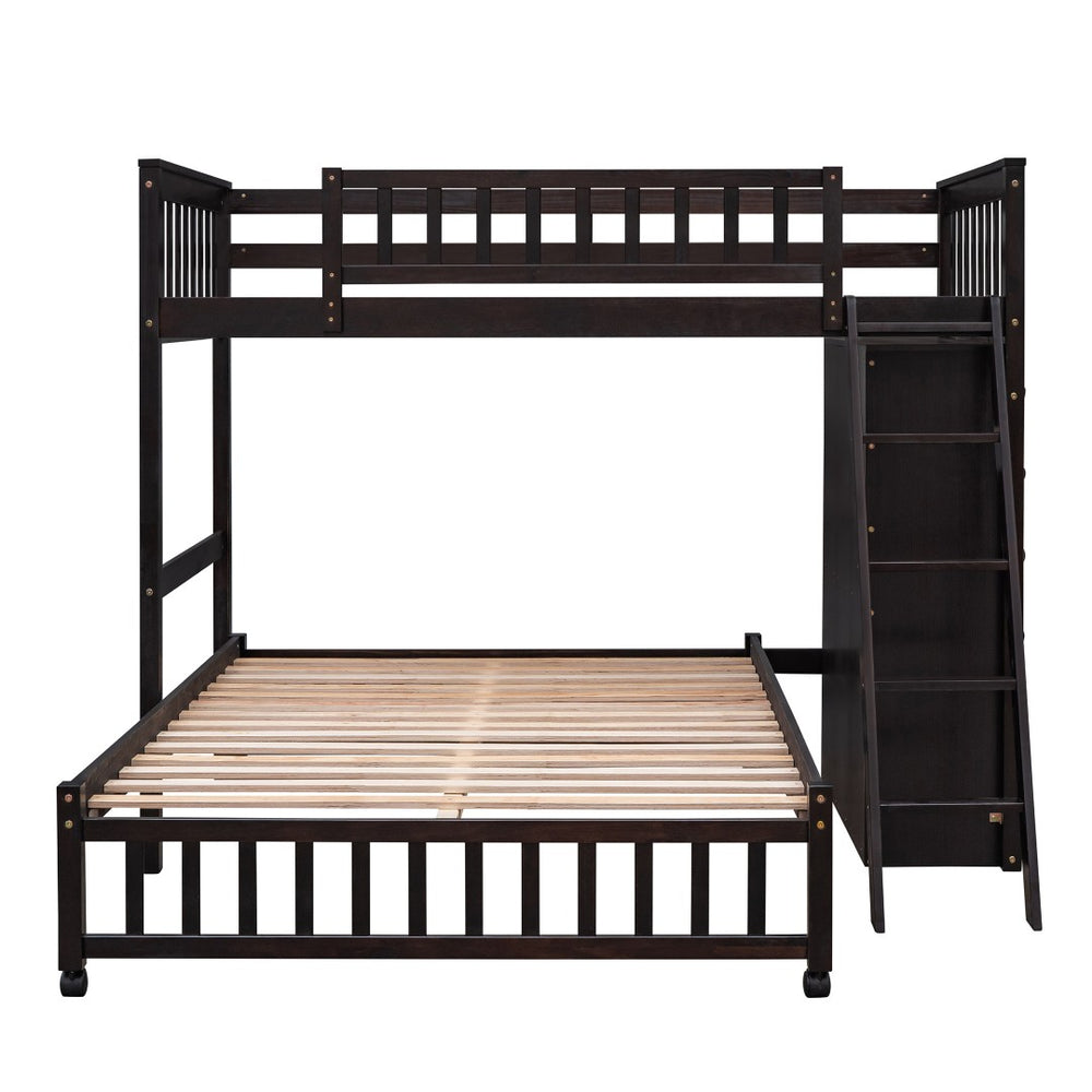 HomeRoots Espresso Twin-Over-Full Solid Wood Bunk Bed with Safety Guardrails and Integrated Storage Solutions 606658