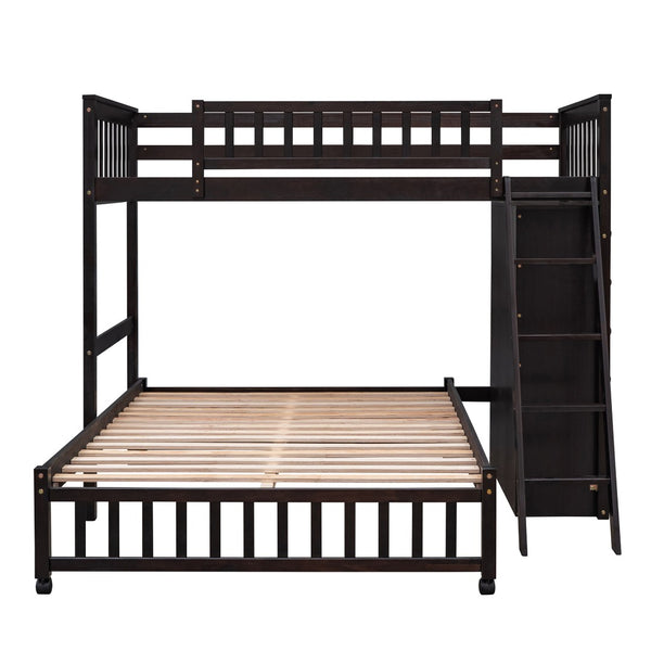 HomeRoots Espresso Twin-Over-Full Solid Wood Bunk Bed with Safety Guardrails and Integrated Storage Solutions 606658