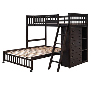 HomeRoots Espresso Twin-Over-Full Solid Wood Bunk Bed with Safety Guardrails and Integrated Storage Solutions 606658