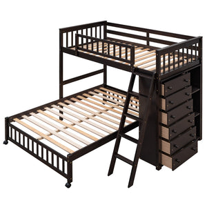 HomeRoots Espresso Twin-Over-Full Solid Wood Bunk Bed with Safety Guardrails and Integrated Storage Solutions 606658