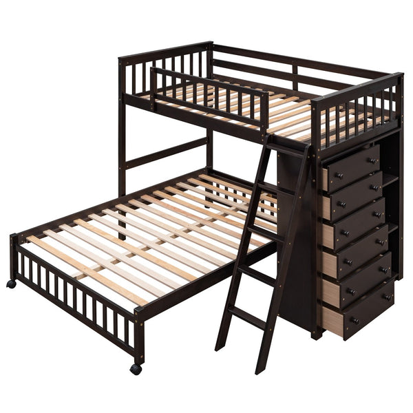 HomeRoots Espresso Twin-Over-Full Solid Wood Bunk Bed with Safety Guardrails and Integrated Storage Solutions 606658