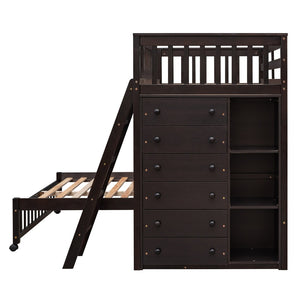 HomeRoots Espresso Twin-Over-Full Solid Wood Bunk Bed with Safety Guardrails and Integrated Storage Solutions 606658