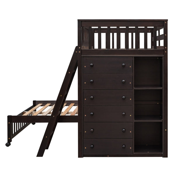 HomeRoots Espresso Twin-Over-Full Solid Wood Bunk Bed with Safety Guardrails and Integrated Storage Solutions 606658