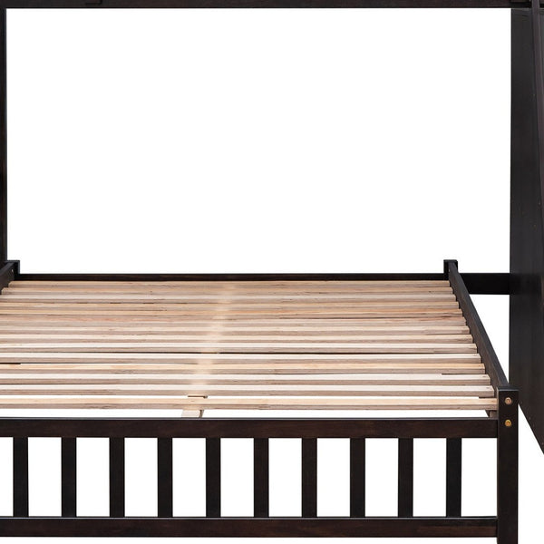 HomeRoots Espresso Twin-Over-Full Solid Wood Bunk Bed with Safety Guardrails and Integrated Storage Solutions 606658