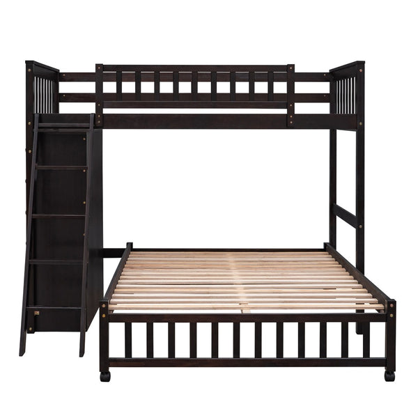 HomeRoots Espresso Twin-Over-Full Solid Wood Bunk Bed with Safety Guardrails and Integrated Storage Solutions 606658