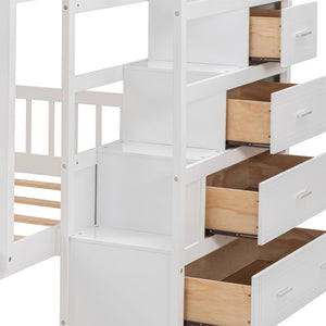 HomeRoots White Full Over Twin Solid Wood Bunk Bed with Desk, Stairs, Storage Drawers for Kids' Rooms 606659