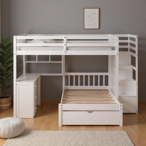 HomeRoots White Full Over Twin Solid Wood Bunk Bed with Desk, Stairs, Storage Drawers for Kids' Rooms 606659