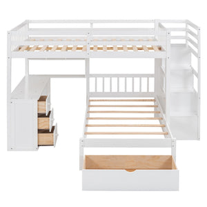 HomeRoots White Full Over Twin Solid Wood Bunk Bed with Desk, Stairs, Storage Drawers for Kids' Rooms 606659