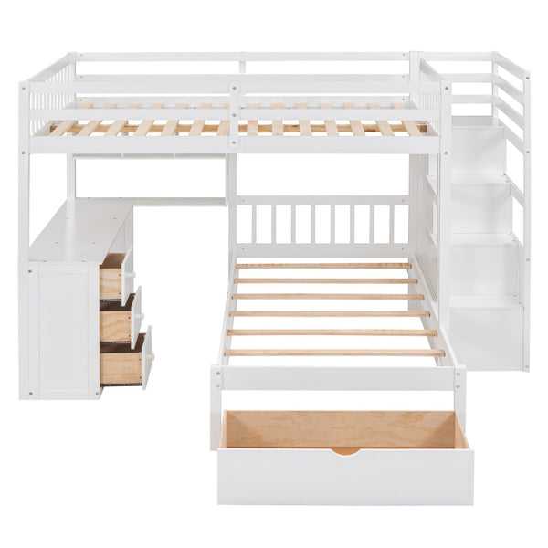 HomeRoots White Full Over Twin Solid Wood Bunk Bed with Desk, Stairs, Storage Drawers for Kids' Rooms 606659