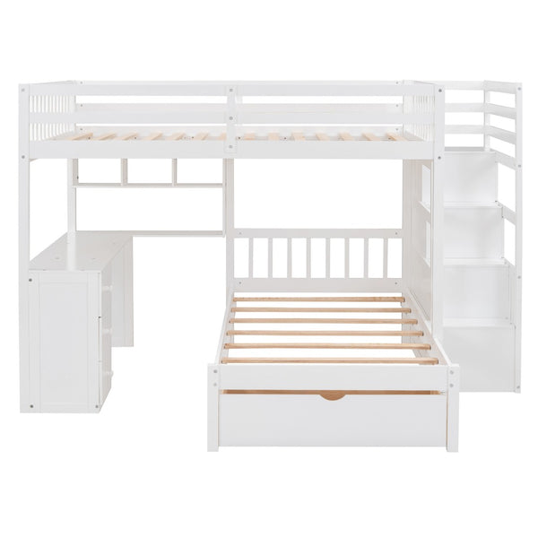 HomeRoots White Full Over Twin Solid Wood Bunk Bed with Desk, Stairs, Storage Drawers for Kids' Rooms 606659