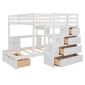 HomeRoots White Full Over Twin Solid Wood Bunk Bed with Desk, Stairs, Storage Drawers for Kids' Rooms 606659