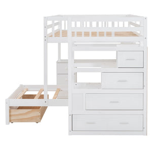HomeRoots White Full Over Twin Solid Wood Bunk Bed with Desk, Stairs, Storage Drawers for Kids' Rooms 606659