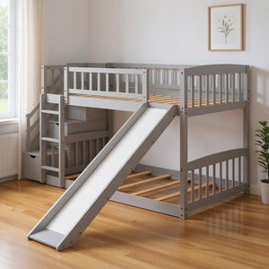 HomeRoots Gray Twin Over Twin Solid Wood Bunk Bed with Fun Slide, Built-In Stairs, Drawers & Storage Solutions 606660