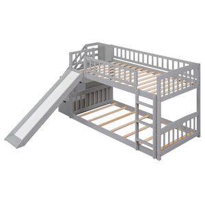 HomeRoots Gray Twin Over Twin Solid Wood Bunk Bed with Fun Slide, Built-In Stairs, Drawers & Storage Solutions 606660