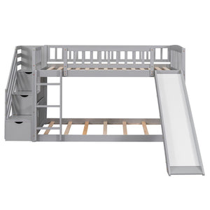 HomeRoots Gray Twin Over Twin Solid Wood Bunk Bed with Fun Slide, Built-In Stairs, Drawers & Storage Solutions 606660