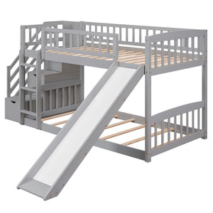 HomeRoots Gray Twin Over Twin Solid Wood Bunk Bed with Fun Slide, Built-In Stairs, Drawers & Storage Solutions 606660
