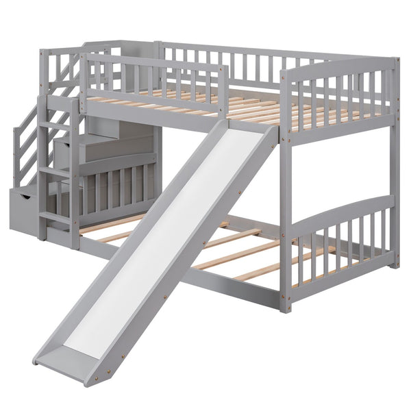 HomeRoots Gray Twin Over Twin Solid Wood Bunk Bed with Fun Slide, Built-In Stairs, Drawers & Storage Solutions 606660