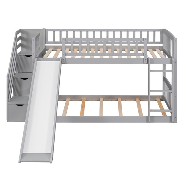 HomeRoots Gray Twin Over Twin Solid Wood Bunk Bed with Fun Slide, Built-In Stairs, Drawers & Storage Solutions 606660