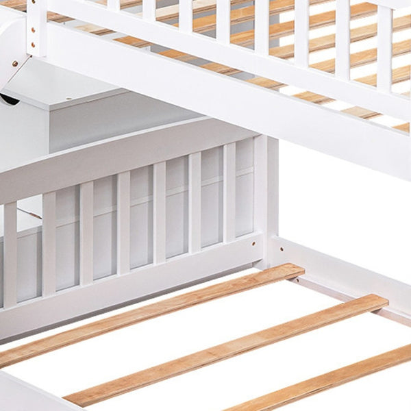 HomeRoots White Twin Over Twin Bunk Bed with Stairs, Slide, Storage Drawers & Safety Guardrail for Kids Room 606661