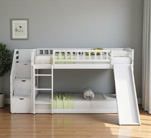 HomeRoots White Twin Over Twin Bunk Bed with Stairs, Slide, Storage Drawers & Safety Guardrail for Kids Room 606661