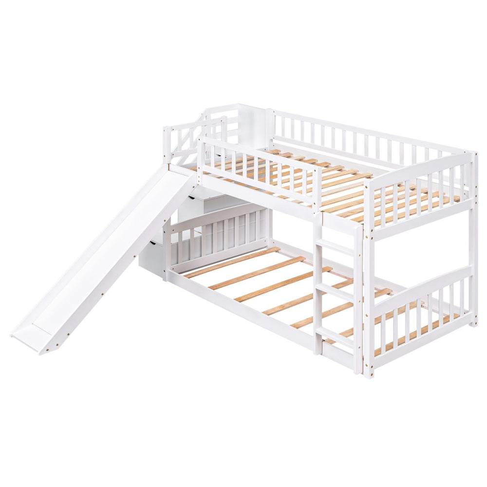 HomeRoots White Twin Over Twin Bunk Bed with Stairs, Slide, Storage Drawers & Safety Guardrail for Kids Room 606661