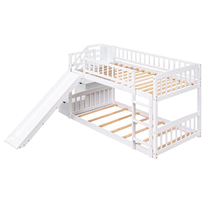 HomeRoots White Twin Over Twin Bunk Bed with Stairs, Slide, Storage Drawers & Safety Guardrail for Kids Room 606661
