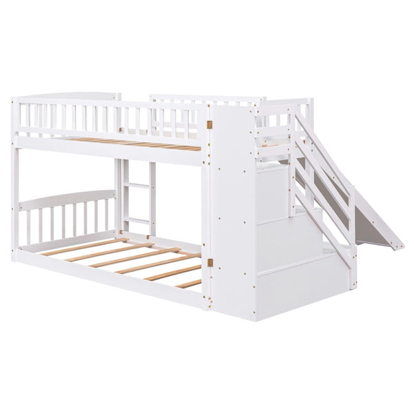HomeRoots White Twin Over Twin Bunk Bed with Stairs, Slide, Storage Drawers & Safety Guardrail for Kids Room 606661