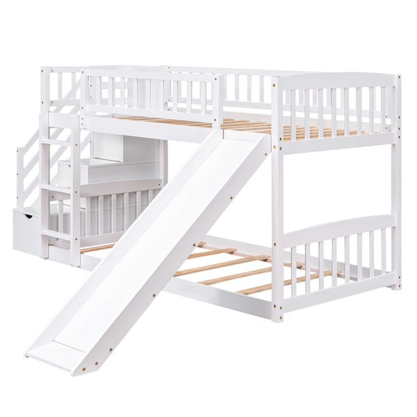 HomeRoots White Twin Over Twin Bunk Bed with Stairs, Slide, Storage Drawers & Safety Guardrail for Kids Room 606661