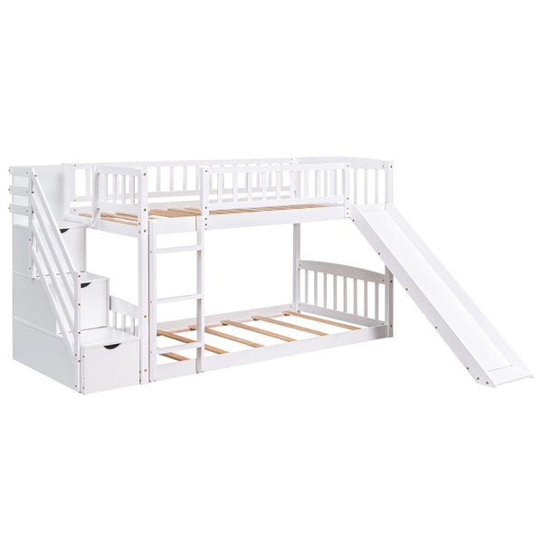 HomeRoots White Twin Over Twin Bunk Bed with Stairs, Slide, Storage Drawers & Safety Guardrail for Kids Room 606661