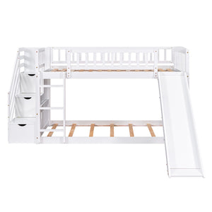 HomeRoots White Twin Over Twin Bunk Bed with Stairs, Slide, Storage Drawers & Safety Guardrail for Kids Room 606661