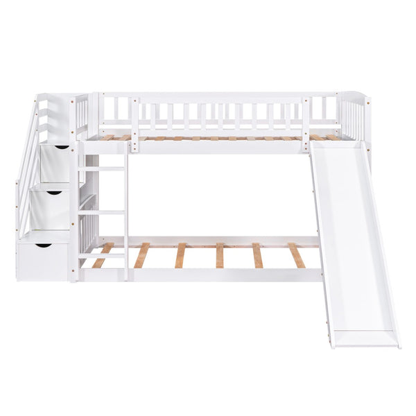 HomeRoots White Twin Over Twin Bunk Bed with Stairs, Slide, Storage Drawers & Safety Guardrail for Kids Room 606661