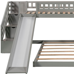 HomeRoots Gray Twin Over Twin Solid Wood Bunk Bed with Stairs, Slide, Storage Drawers & Fun Design for Kids 606662