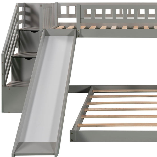 HomeRoots Gray Twin Over Twin Solid Wood Bunk Bed with Stairs, Slide, Storage Drawers & Fun Design for Kids 606662