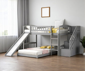 HomeRoots Gray Twin Over Twin Solid Wood Bunk Bed with Stairs, Slide, Storage Drawers & Fun Design for Kids 606662
