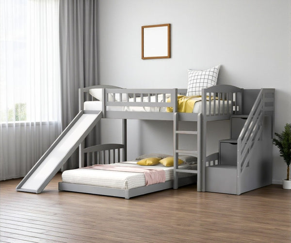HomeRoots Gray Twin Over Twin Solid Wood Bunk Bed with Stairs, Slide, Storage Drawers & Fun Design for Kids 606662