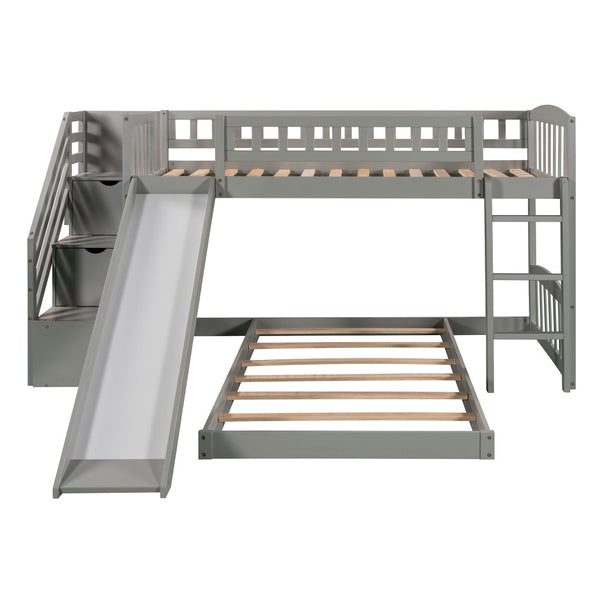 HomeRoots Gray Twin Over Twin Solid Wood Bunk Bed with Stairs, Slide, Storage Drawers & Fun Design for Kids 606662