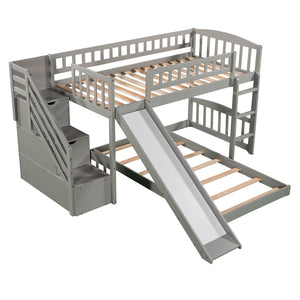 HomeRoots Gray Twin Over Twin Solid Wood Bunk Bed with Stairs, Slide, Storage Drawers & Fun Design for Kids 606662