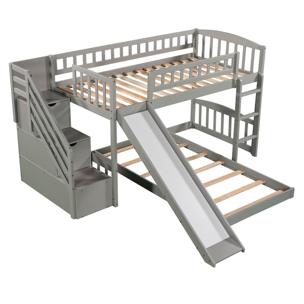 HomeRoots Gray Twin Over Twin Solid Wood Bunk Bed with Stairs, Slide, Storage Drawers & Fun Design for Kids 606662