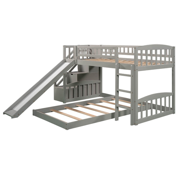 HomeRoots Gray Twin Over Twin Solid Wood Bunk Bed with Stairs, Slide, Storage Drawers & Fun Design for Kids 606662