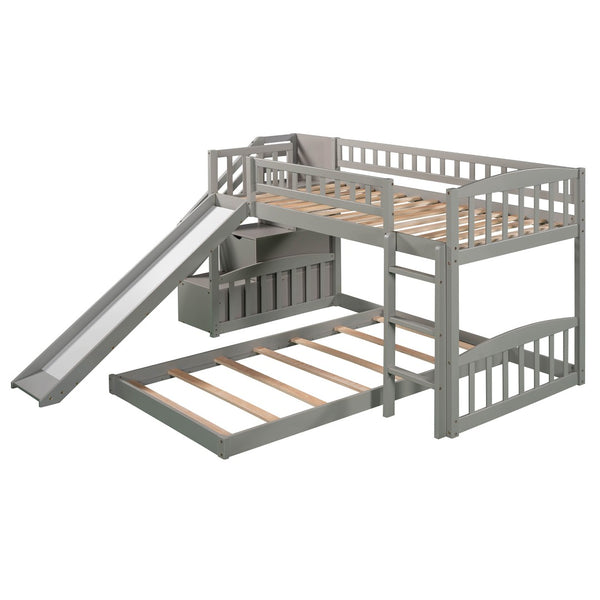 HomeRoots Gray Twin Over Twin Solid Wood Bunk Bed with Stairs, Slide, Storage Drawers & Fun Design for Kids 606662