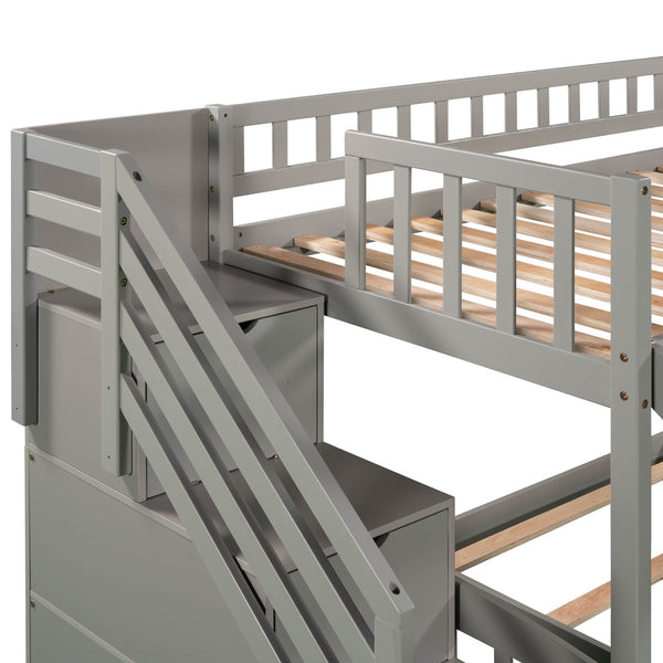 HomeRoots Gray Twin Over Twin Solid Wood Bunk Bed with Stairs, Slide, Storage Drawers & Fun Design for Kids 606662