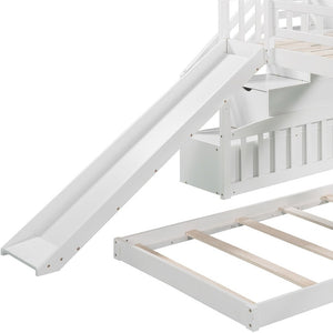 HomeRoots White Twin Over Twin Solid Wood Bunk Bed with Slide, Stairs, Drawers – Stylish & Space-Saving Design 606663