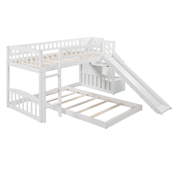 HomeRoots White Twin Over Twin Solid Wood Bunk Bed with Slide, Stairs, Drawers – Stylish & Space-Saving Design 606663