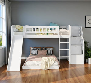 HomeRoots White Twin Over Twin Solid Wood Bunk Bed with Slide, Stairs, Drawers – Stylish & Space-Saving Design 606663